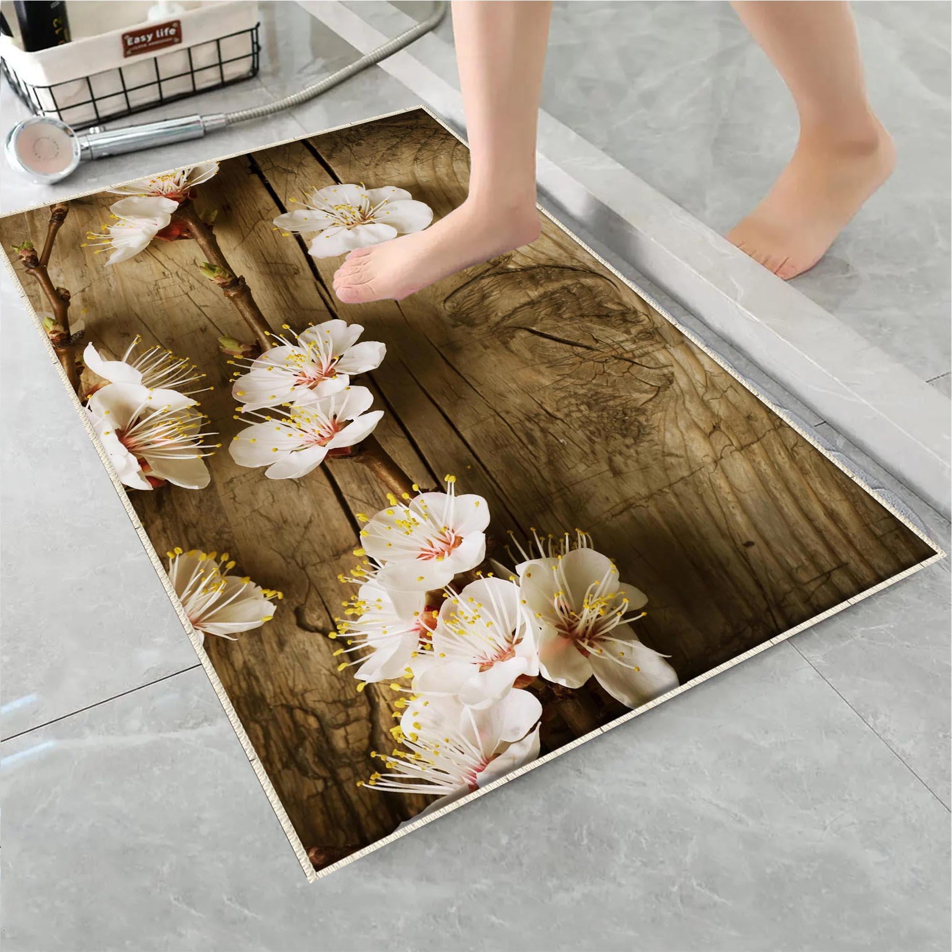 Wood on White Flowers Branch Bathroom Rug - Floral Non Slip Bath Mat, Quick Dry Washable Toilet Mat, Soft Modern Bathroom Decor