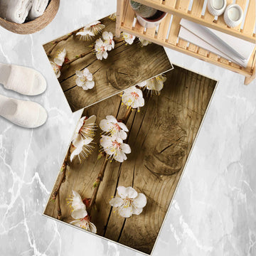 Wood on White Flowers Branch Bathroom Rug - Floral Non Slip Bath Mat, Quick Dry Washable Toilet Mat, Soft Modern Bathroom Decor