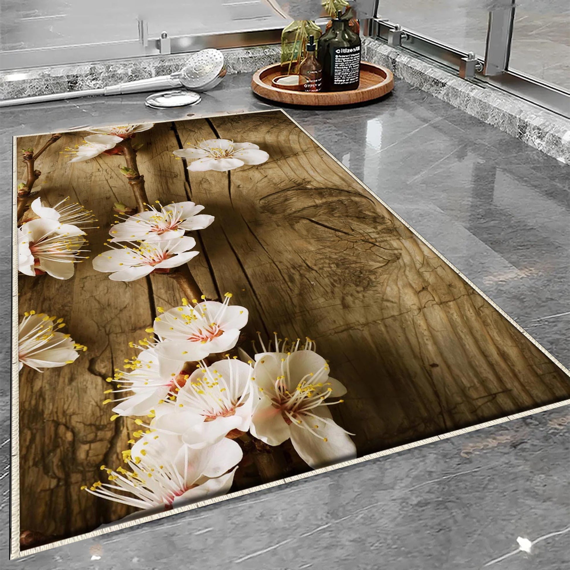 Wood on White Flowers Branch Bathroom Rug - Floral Non Slip Bath Mat, Quick Dry Washable Toilet Mat, Soft Modern Bathroom Decor