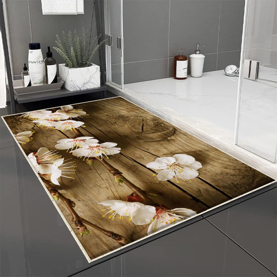 Wood on White Flowers Branch Bathroom Rug - Floral Non Slip Bath Mat, Quick Dry Washable Toilet Mat, Soft Modern Bathroom Decor