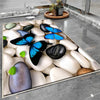 Black White Pebble Stones Blue Butterfly Bathroom Rug - Floral Non Slip Bath Mat, Quick Dry Washable Toilet Mat, Soft Modern Bathroom Decor