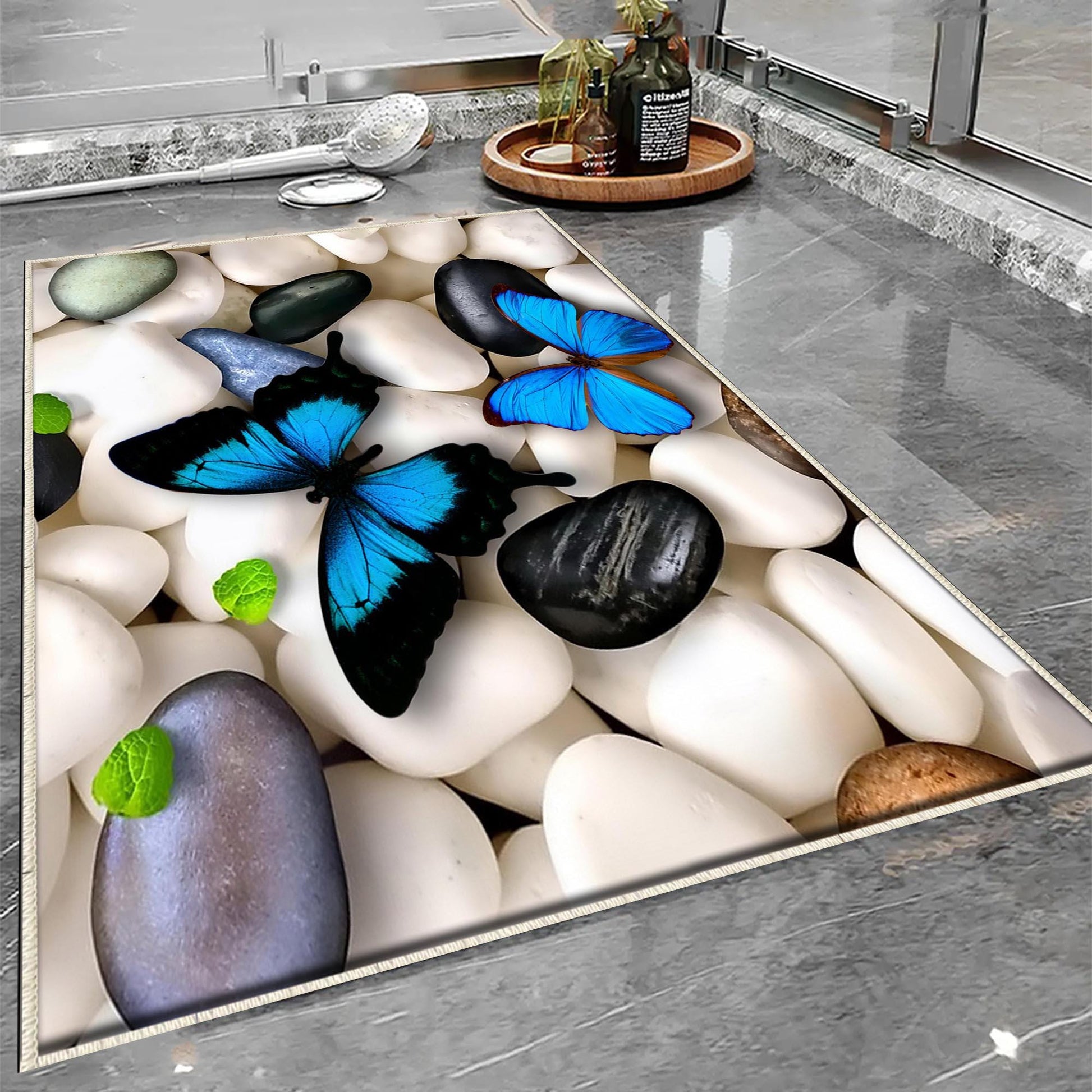 Black White Pebble Stones Blue Butterfly Bathroom Rug - Floral Non Slip Bath Mat, Quick Dry Washable Toilet Mat, Soft Modern Bathroom Decor