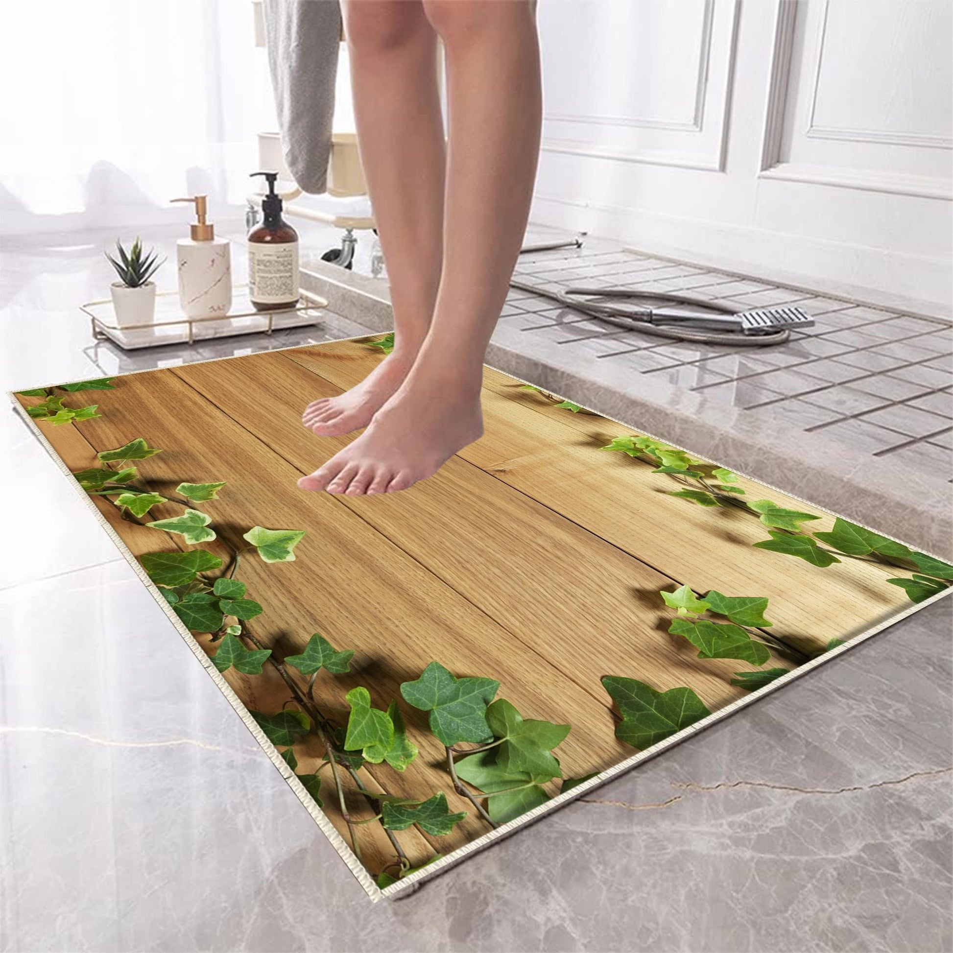 Wood on Green ivy leaves Bathroom Rug - Floral Non Slip Bath Mat, Quick Dry Washable Toilet Mat, Soft Modern Bathroom Decor