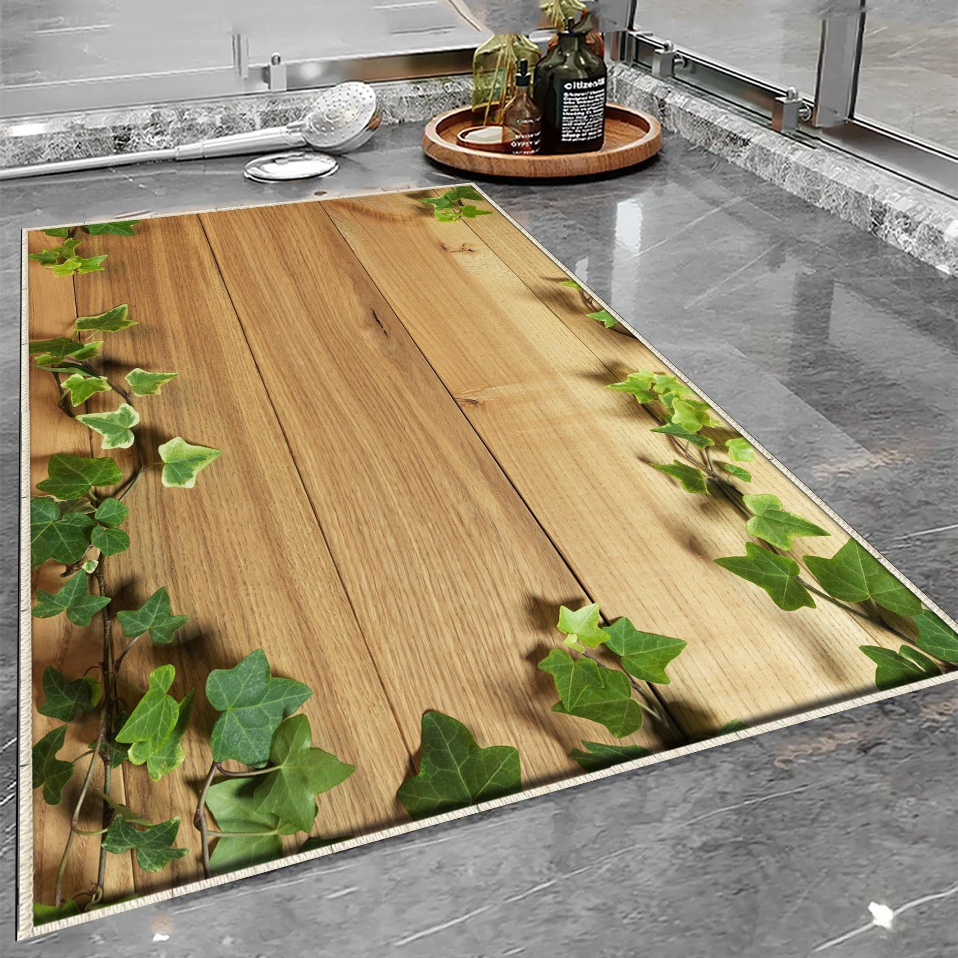 Wood on Green ivy leaves Bathroom Rug - Floral Non Slip Bath Mat, Quick Dry Washable Toilet Mat, Soft Modern Bathroom Decor