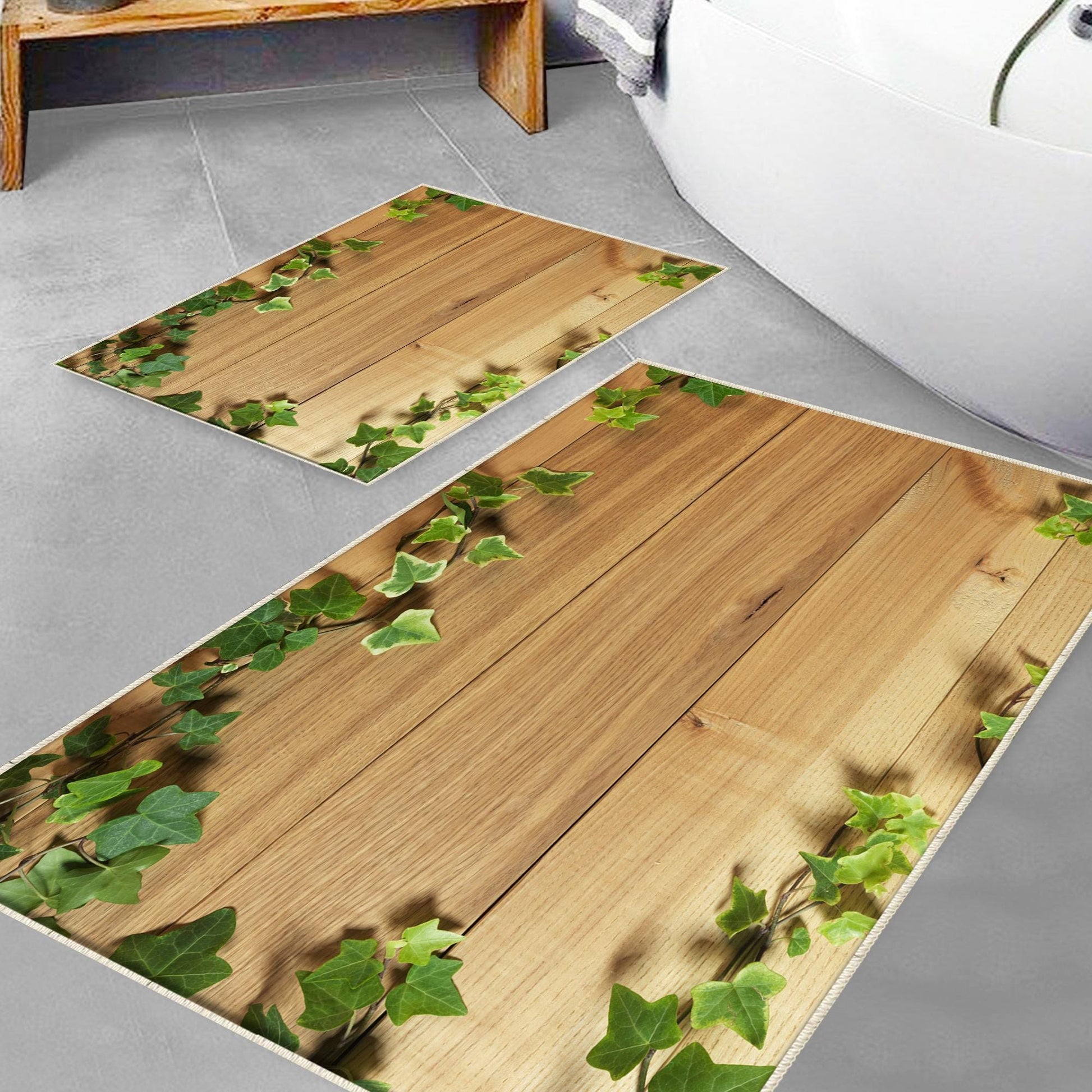 Wood on Green ivy leaves Bathroom Rug - Floral Non Slip Bath Mat, Quick Dry Washable Toilet Mat, Soft Modern Bathroom Decor