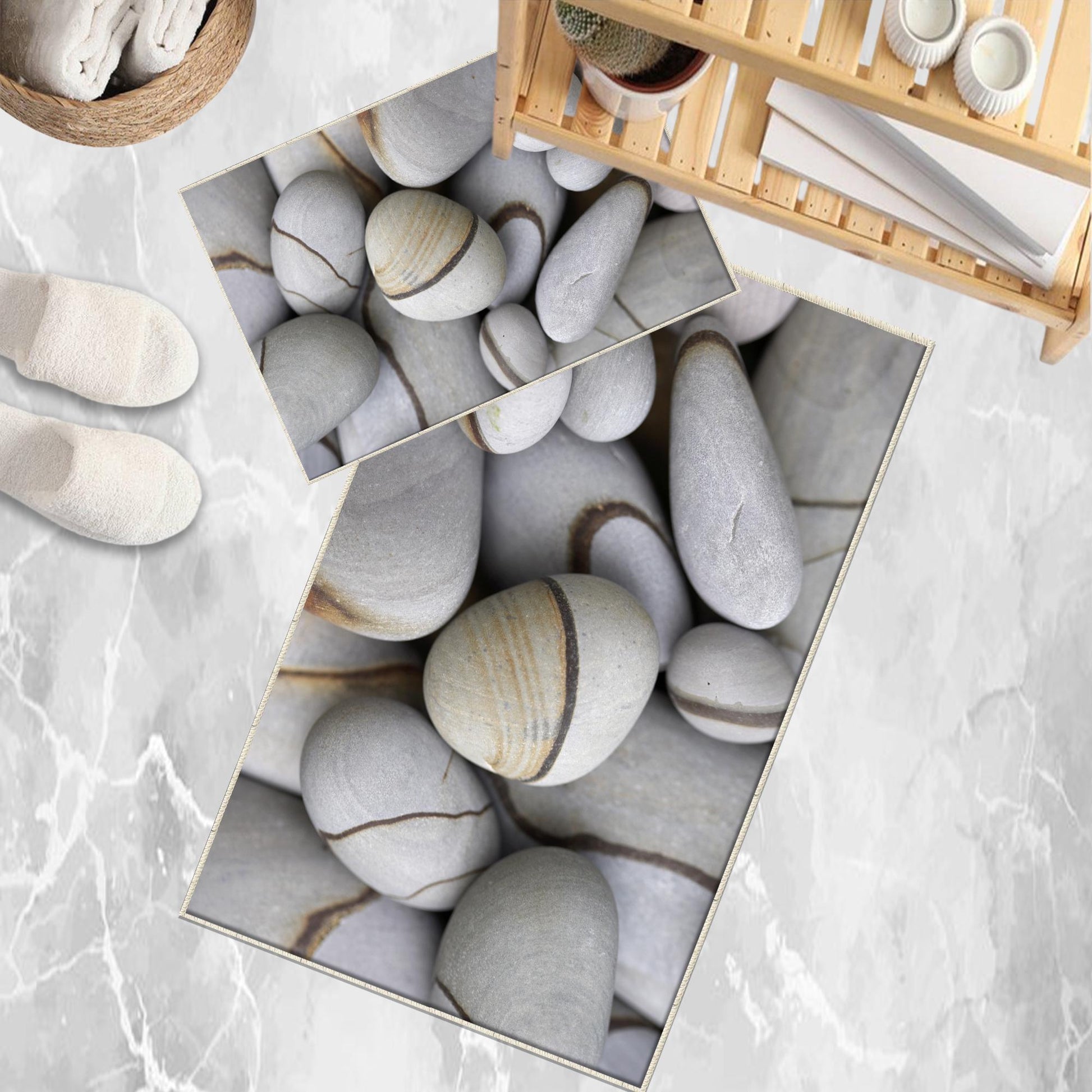 Gray Pebble Stones Bathroom Rug - Modern Non Slip Bath Mat, Quick Dry Washable Toilet Mat, Soft Modern Bathroom Decor