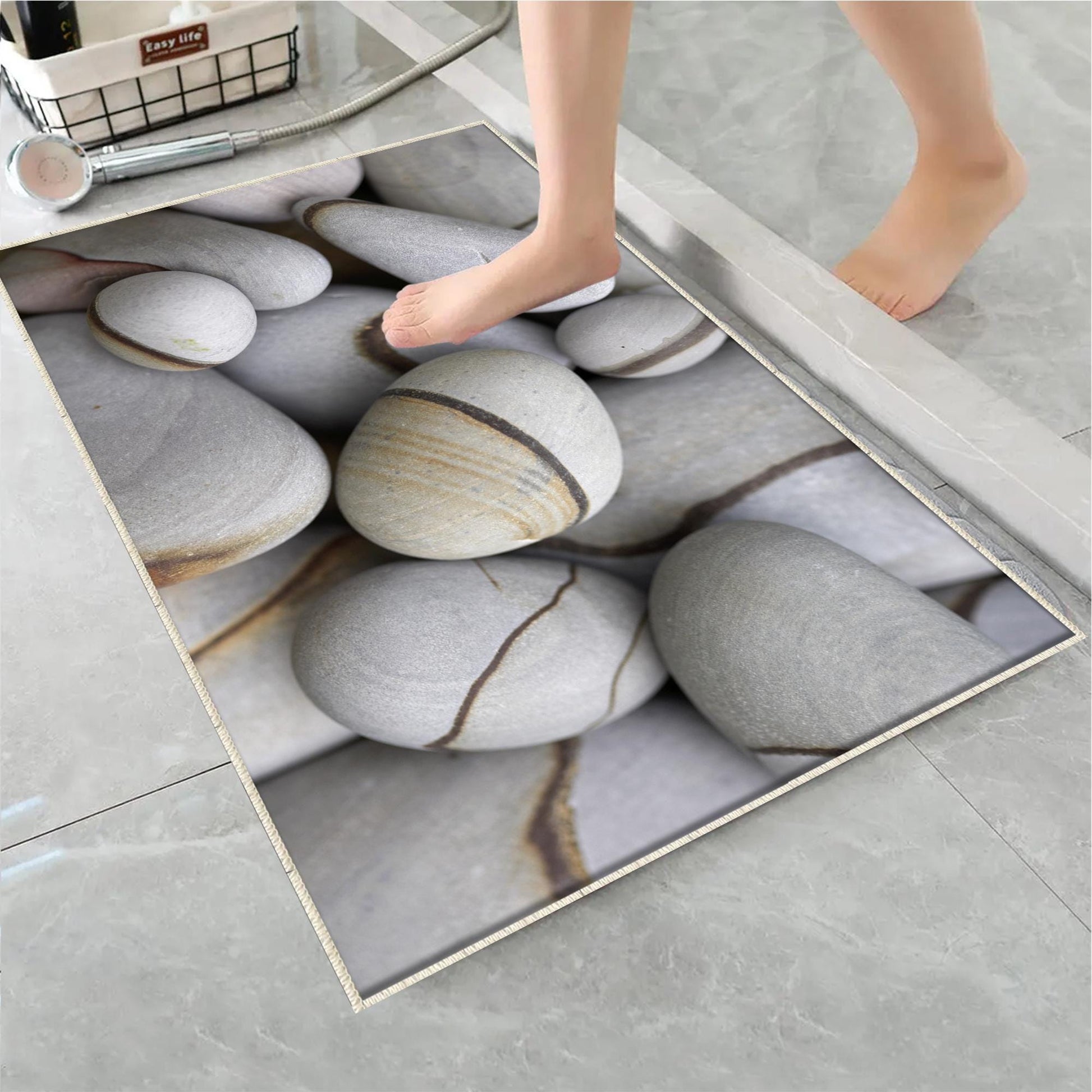 Gray Pebble Stones Bathroom Rug - Modern Non Slip Bath Mat, Quick Dry Washable Toilet Mat, Soft Modern Bathroom Decor