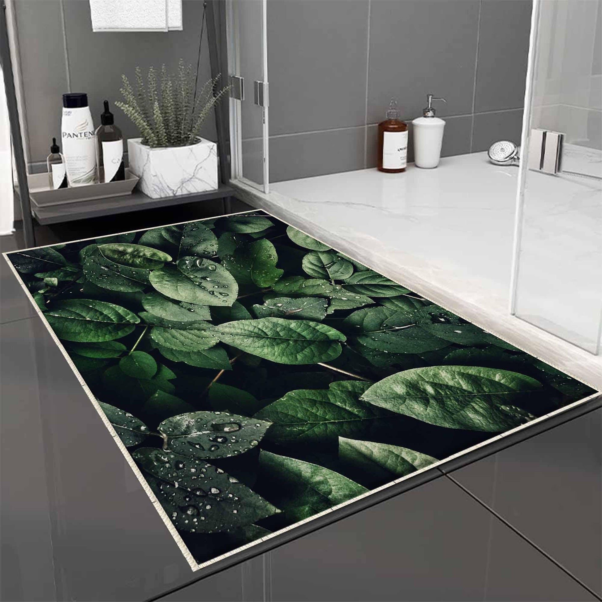 Green Tropical Leaves Floral Bathroom Rug - Modern Non Slip Bath Mat, Quick Dry Washable Toilet Mat, Soft Modern Bathroom Decor