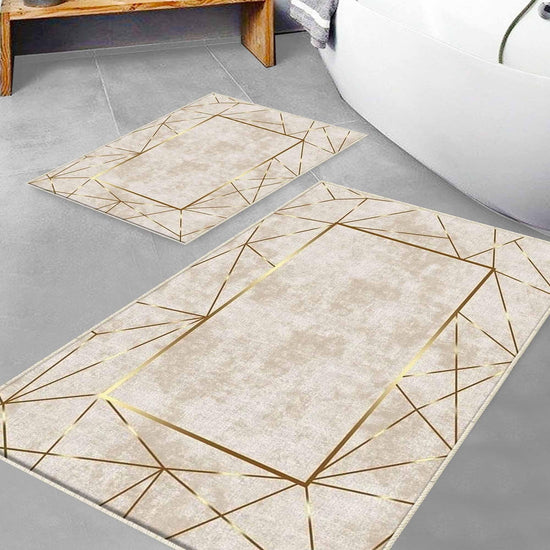 Gold Border Lines Bathroom Rug - Geometric Non Slip Bath Mat, Quick Dry Washable Toilet Mat, Soft Modern Floral Bathroom Decor