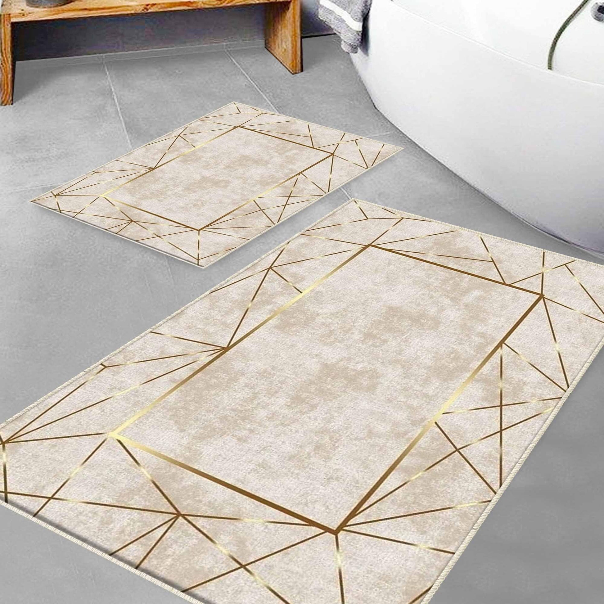 Gold Border Lines Bathroom Rug - Geometric Non Slip Bath Mat, Quick Dry Washable Toilet Mat, Soft Modern Floral Bathroom Decor