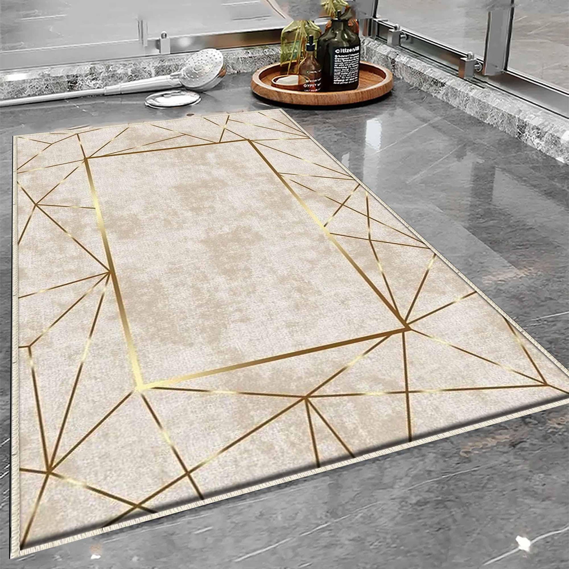 Gold Border Lines Bathroom Rug - Geometric Non Slip Bath Mat, Quick Dry Washable Toilet Mat, Soft Modern Floral Bathroom Decor
