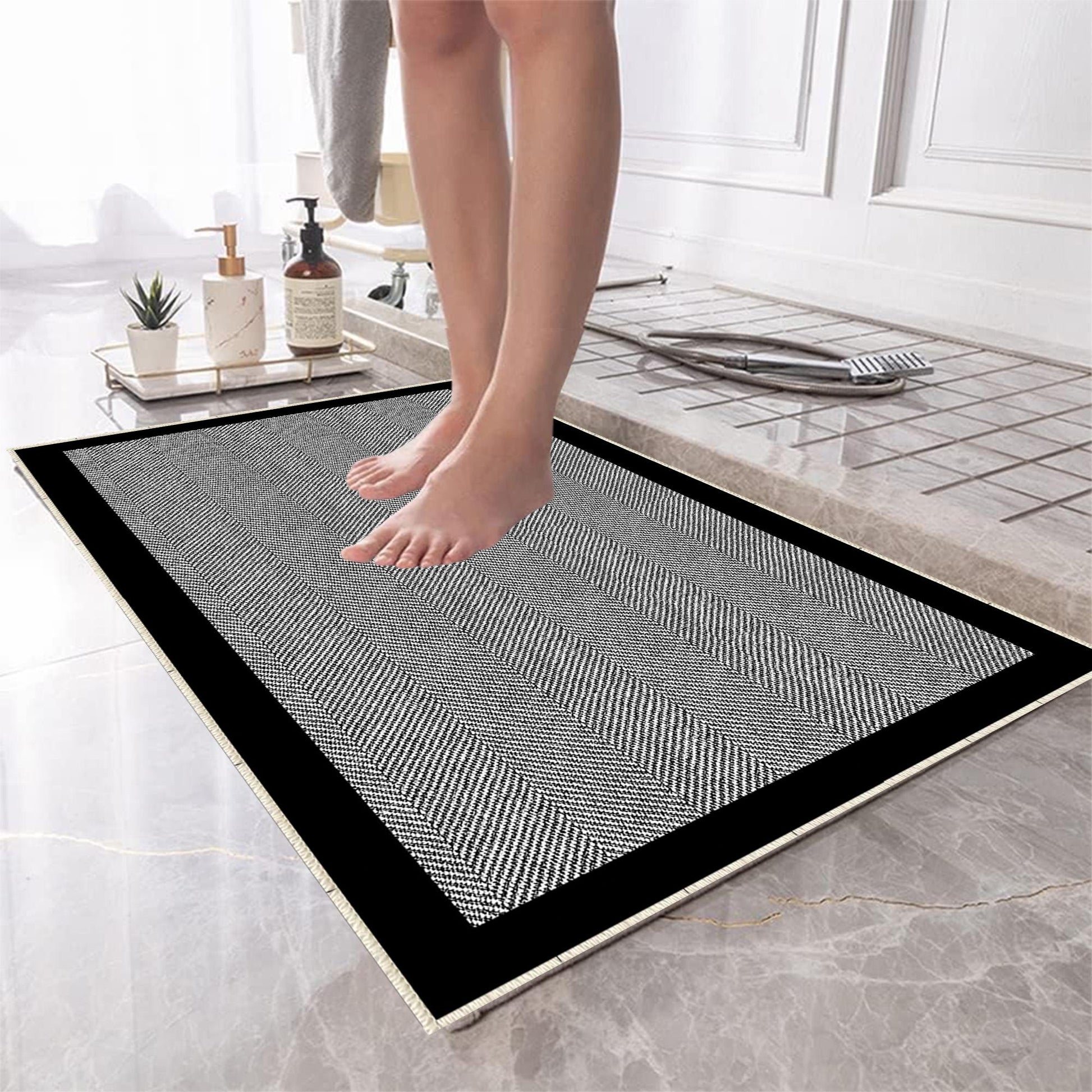 Black Border White Lines Bathroom Rug - Geometric Non Slip Bath Mat, Quick Dry Washable Toilet Mat, Soft Modern Floral Bathroom Decor