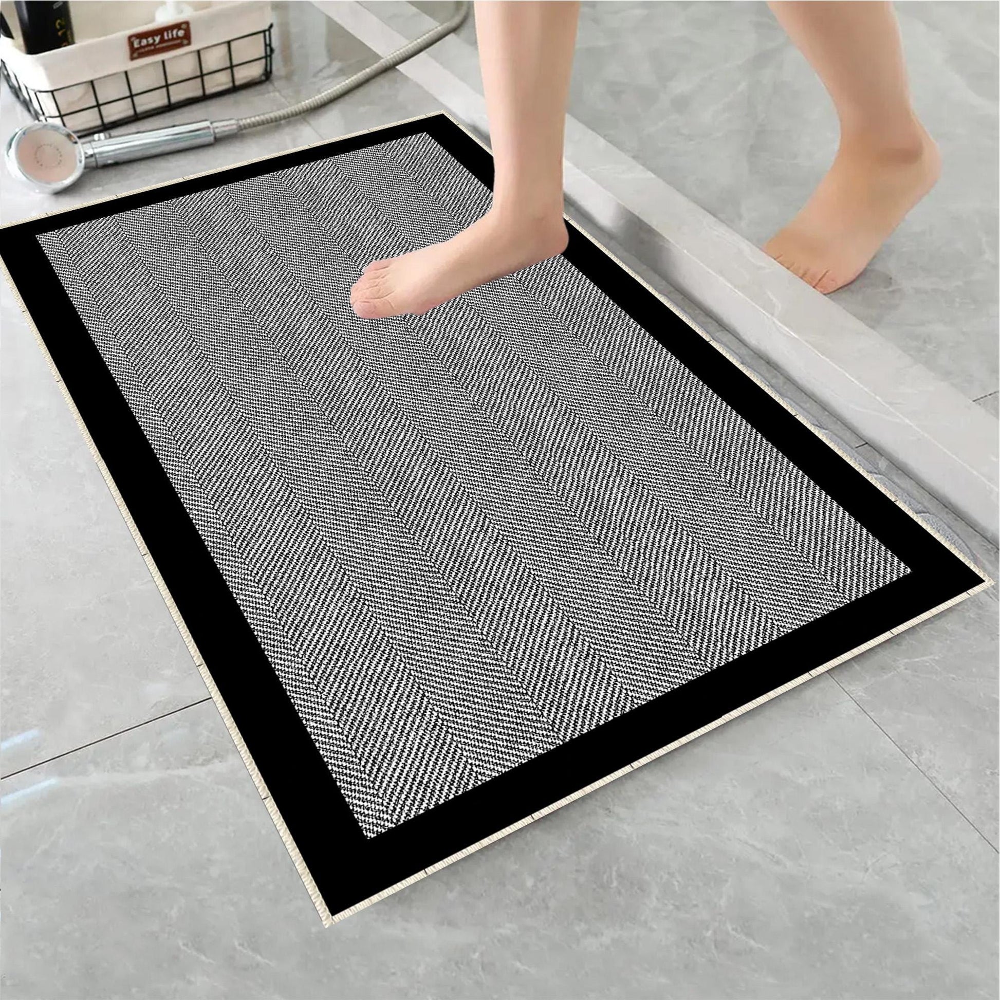 Black Border White Lines Bathroom Rug - Geometric Non Slip Bath Mat, Quick Dry Washable Toilet Mat, Soft Modern Floral Bathroom Decor