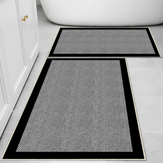 Black Border White Lines Bathroom Rug - Geometric Non Slip Bath Mat, Quick Dry Washable Toilet Mat, Soft Modern Floral Bathroom Decor