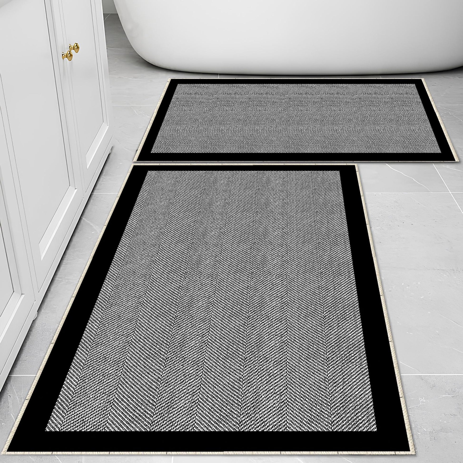 Black Border White Lines Bathroom Rug - Geometric Non Slip Bath Mat, Quick Dry Washable Toilet Mat, Soft Modern Floral Bathroom Decor