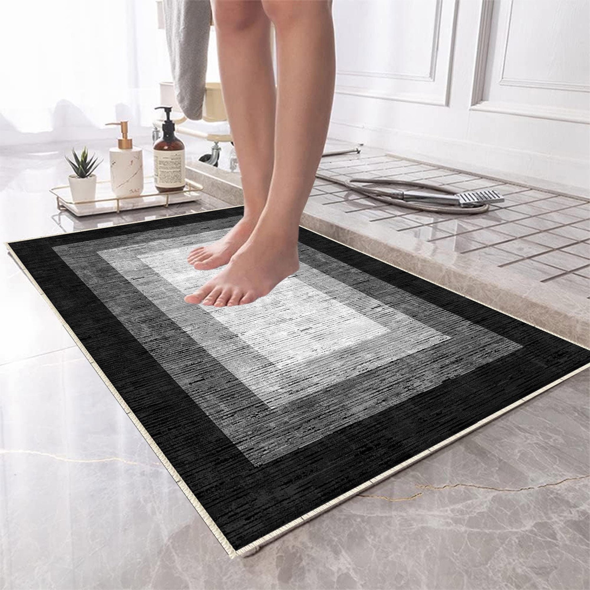 Black Gray Border Bathroom Rug - Geometric Non Slip Bath Mat, Quick Dry Washable Toilet Mat, Soft Modern Floral Bathroom Decor