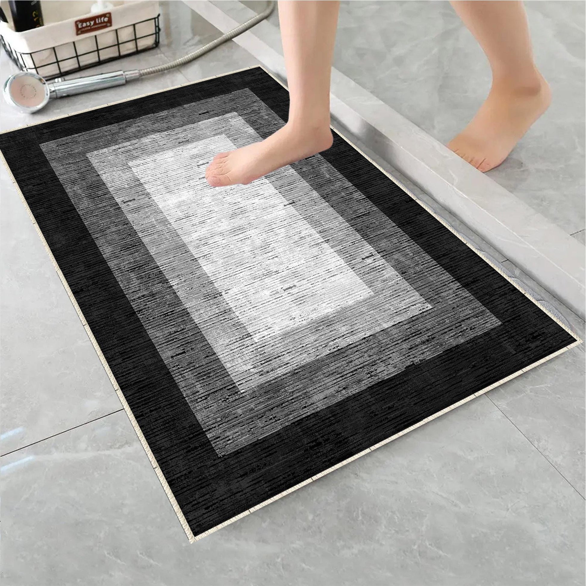 Black Gray Border Bathroom Rug - Geometric Non Slip Bath Mat, Quick Dry Washable Toilet Mat, Soft Modern Floral Bathroom Decor