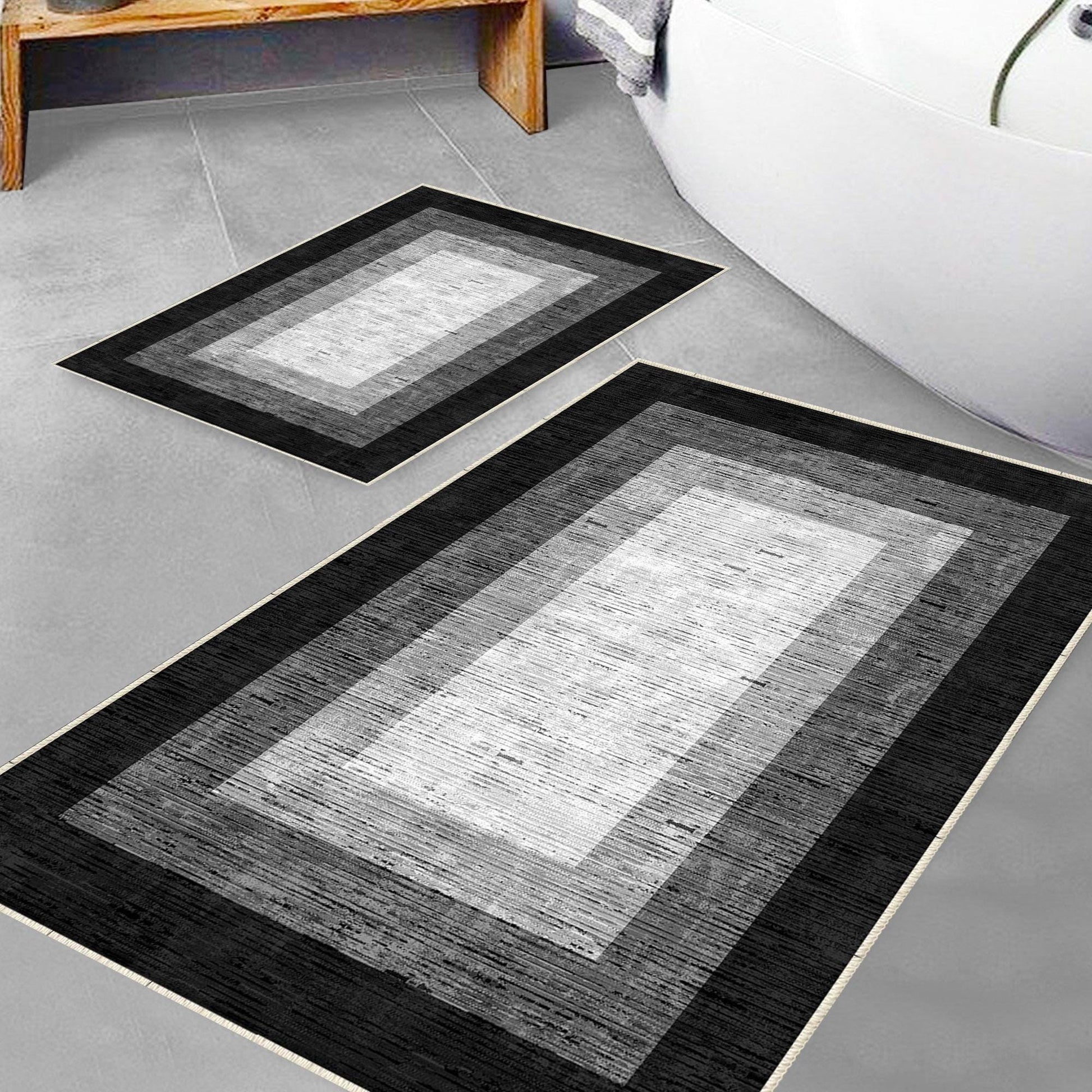 Black Gray Border Bathroom Rug - Geometric Non Slip Bath Mat, Quick Dry Washable Toilet Mat, Soft Modern Floral Bathroom Decor