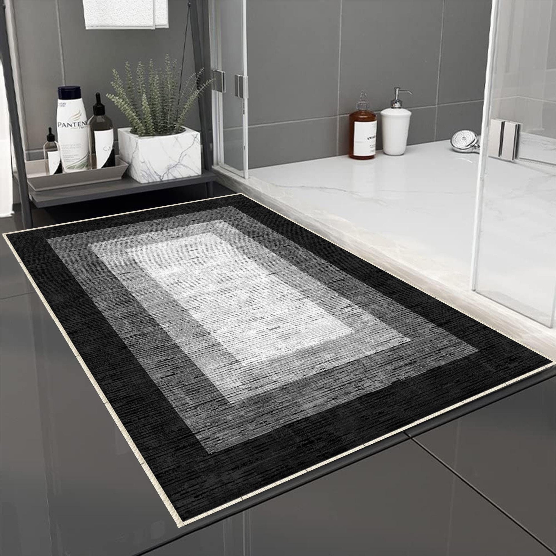 Black Gray Border Bathroom Rug - Geometric Non Slip Bath Mat, Quick Dry Washable Toilet Mat, Soft Modern Floral Bathroom Decor