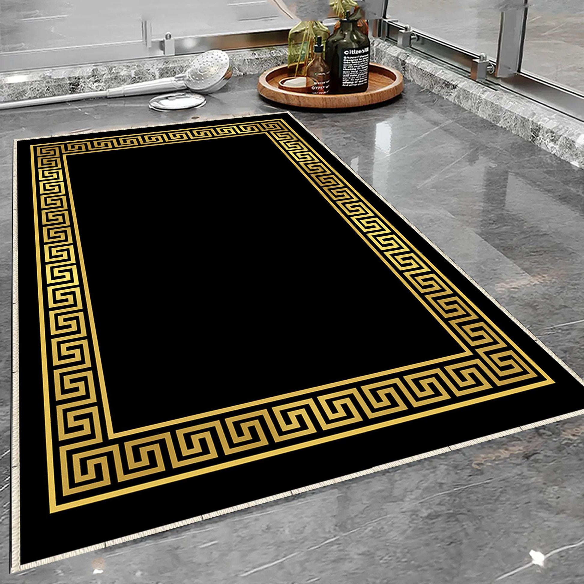 Black Gold Greek Key Bathroom Rug - Geometric Non Slip Bath Mat, Quick Dry Washable Toilet Mat, Soft Modern Floral Bathroom Decor