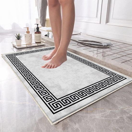 Gray White Black Greek Key Bathroom Rug - Geometric Non Slip Bath Mat, Quick Dry Washable Toilet Mat, Soft Modern Floral Bathroom Decor