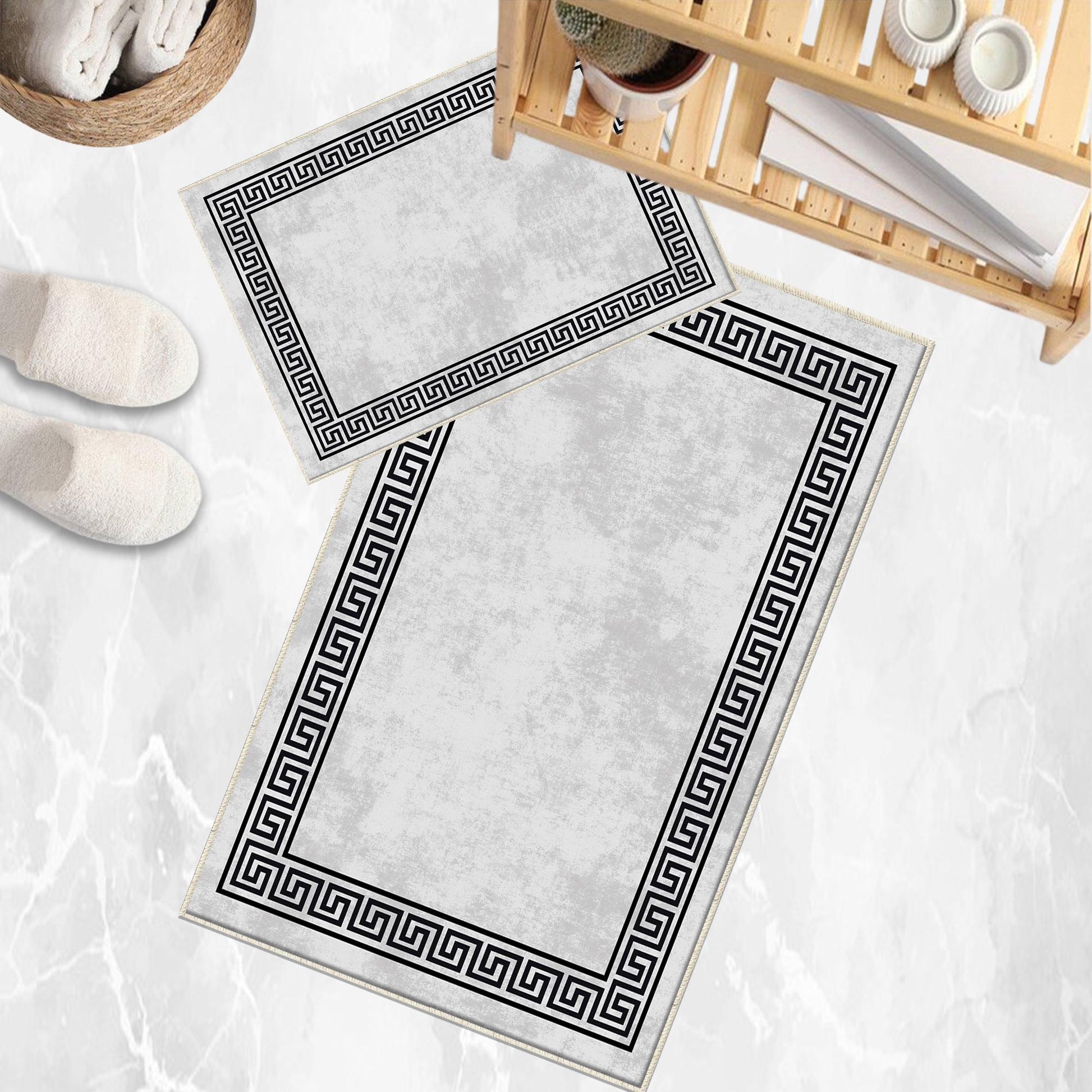 Gray White Black Greek Key Bathroom Rug - Geometric Non Slip Bath Mat, Quick Dry Washable Toilet Mat, Soft Modern Floral Bathroom Decor