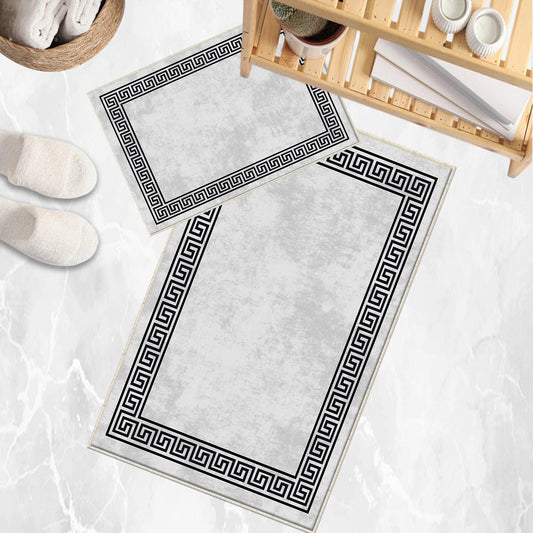 Gray White Black Greek Key Bathroom Rug - Geometric Non Slip Bath Mat, Quick Dry Washable Toilet Mat, Soft Modern Floral Bathroom Decor