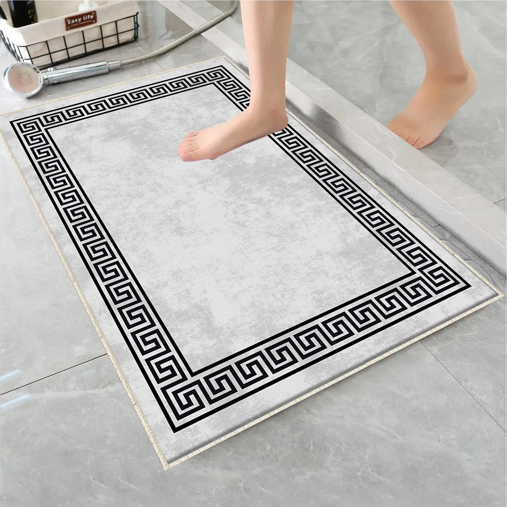 Gray White Black Greek Key Bathroom Rug - Geometric Non Slip Bath Mat, Quick Dry Washable Toilet Mat, Soft Modern Floral Bathroom Decor
