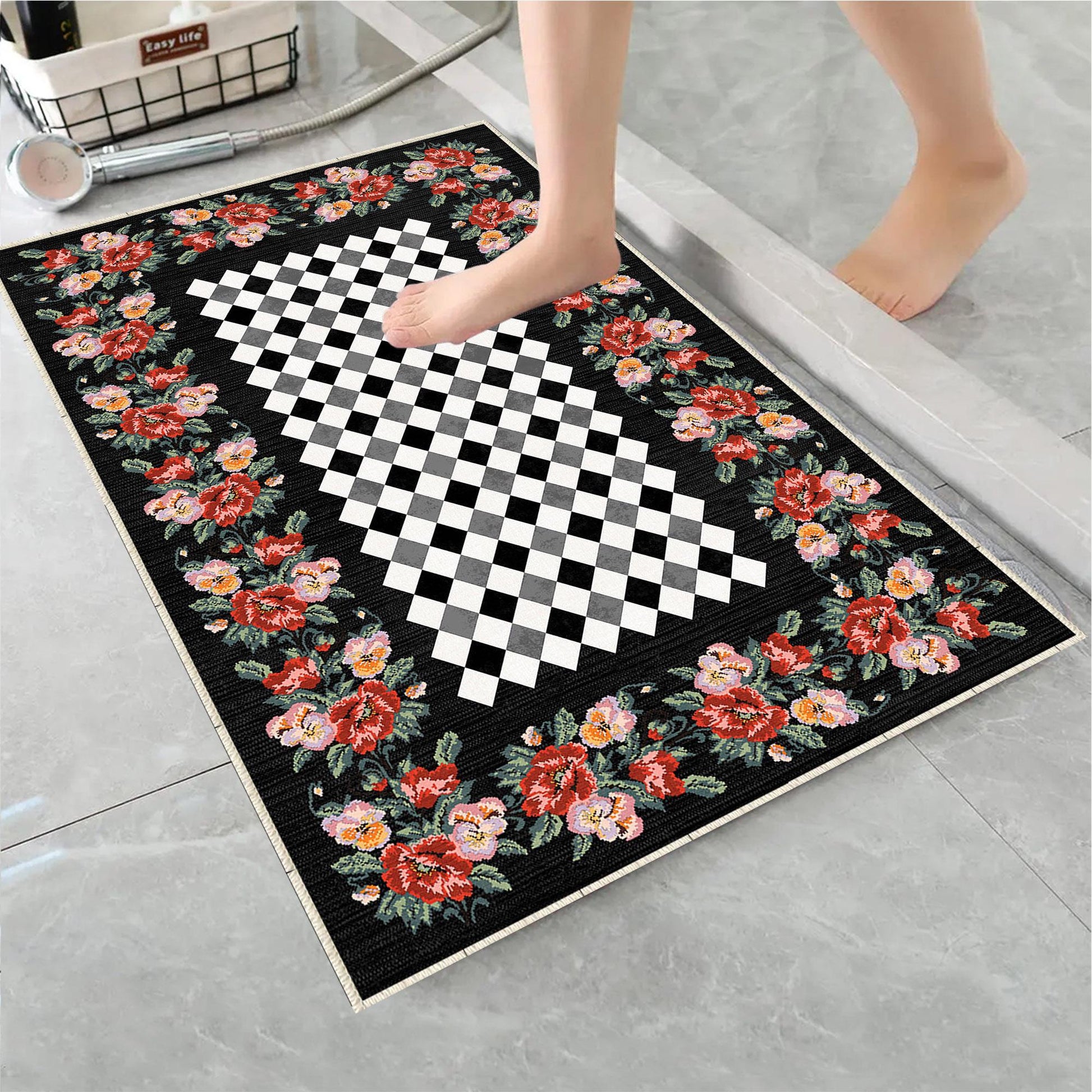 Colorful Roses Black White Checkered Bathroom Rug - Non Slip Bath Mat, Quick Dry Washable Toilet Mat, Soft Modern Floral Bathroom Decor