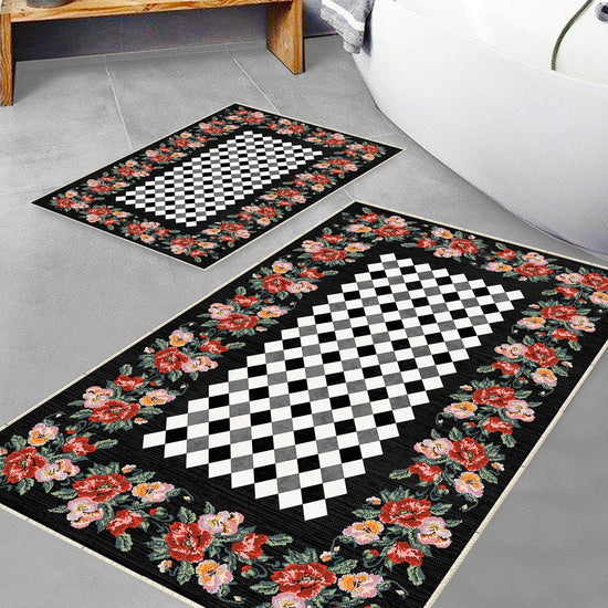 Colorful Roses Black White Checkered Bathroom Rug - Non Slip Bath Mat, Quick Dry Washable Toilet Mat, Soft Modern Floral Bathroom Decor