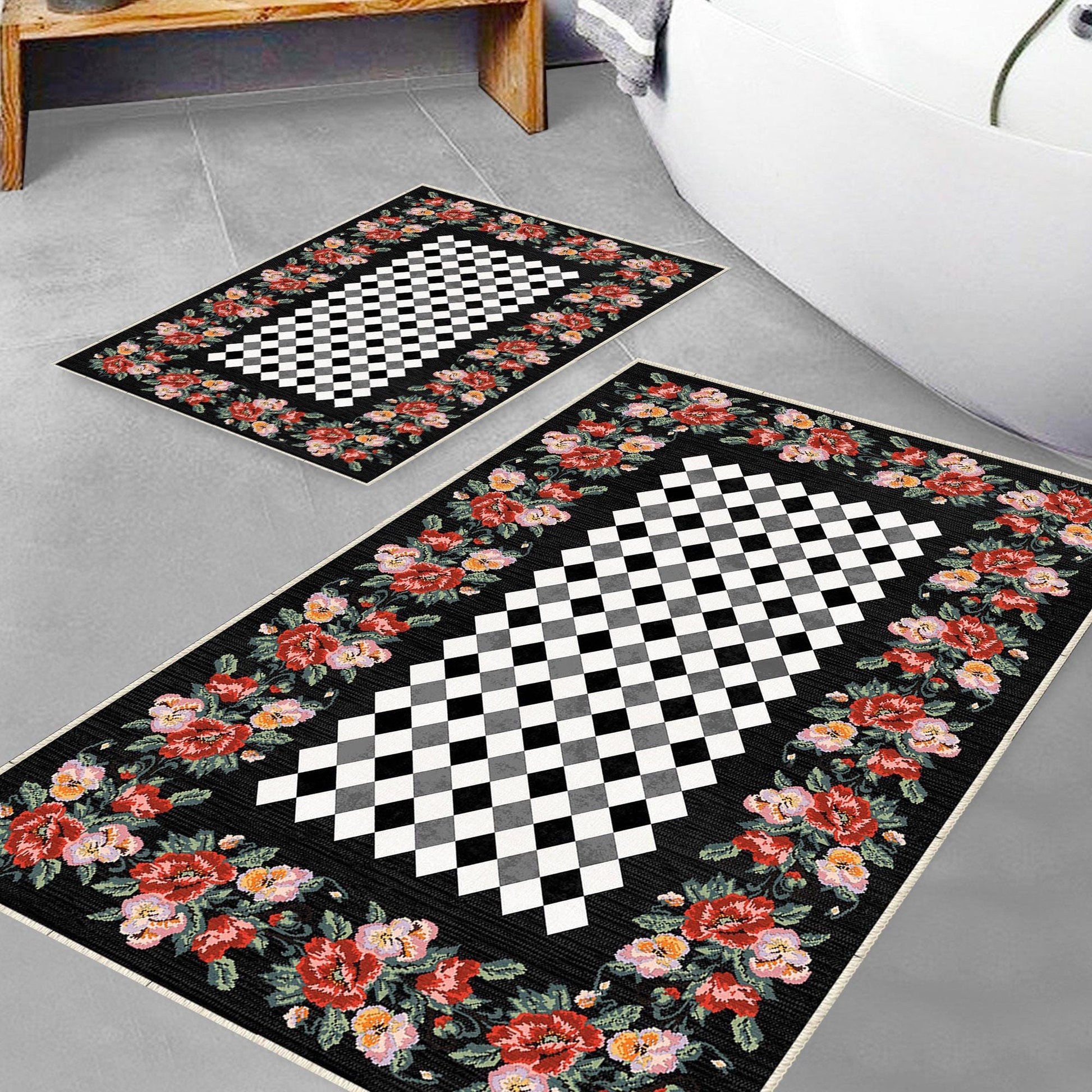 Colorful Roses Black White Checkered Bathroom Rug - Non Slip Bath Mat, Quick Dry Washable Toilet Mat, Soft Modern Floral Bathroom Decor