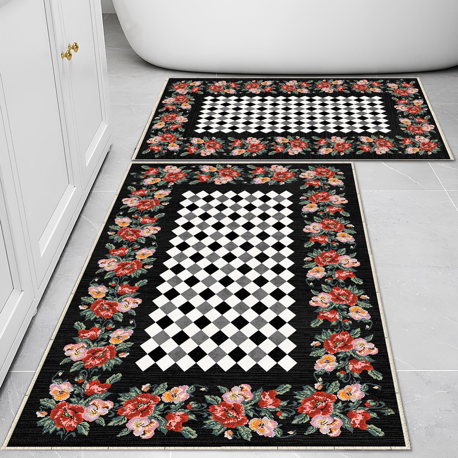 Colorful Roses Black White Checkered Bathroom Rug - Non Slip Bath Mat, Quick Dry Washable Toilet Mat, Soft Modern Floral Bathroom Decor