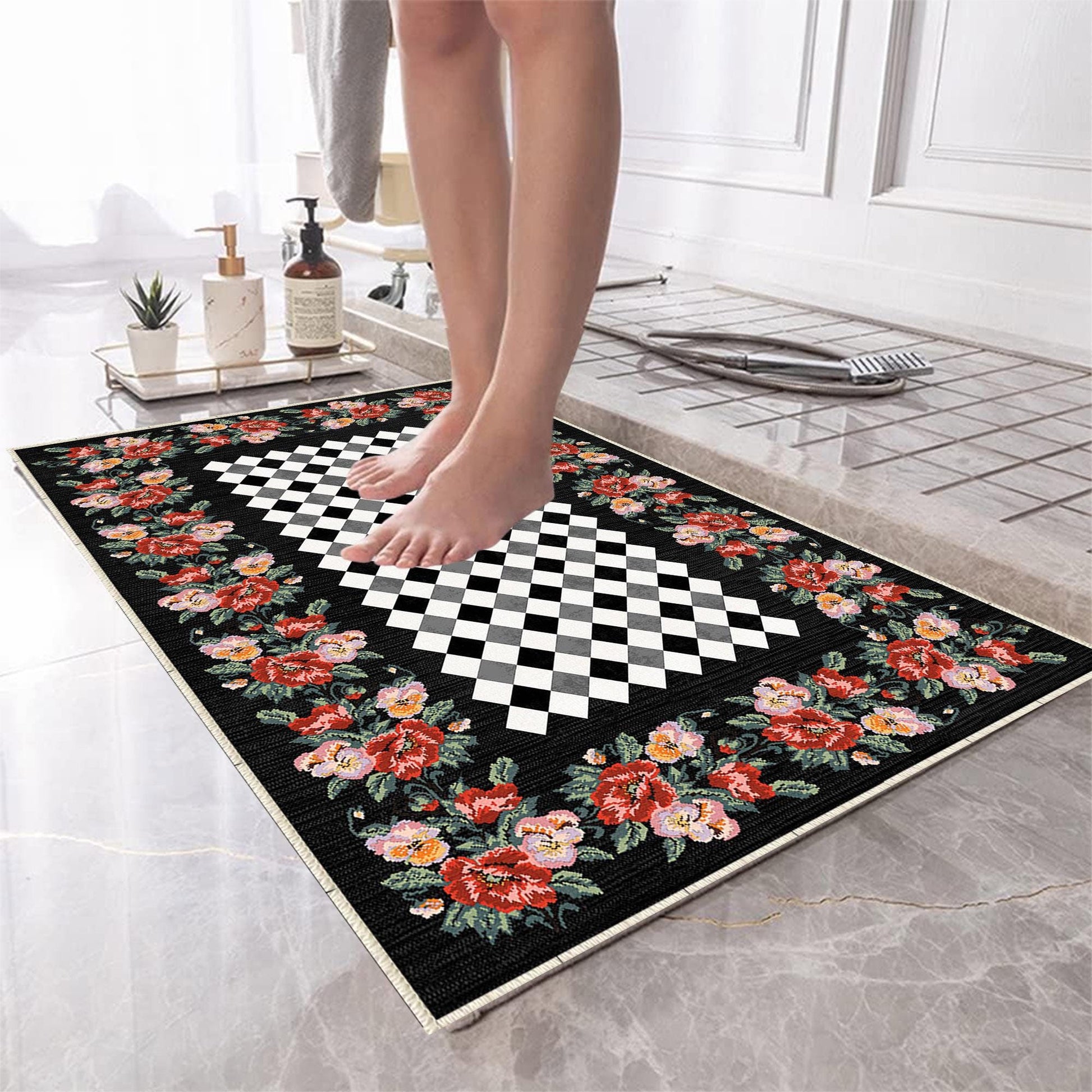 Colorful Roses Black White Checkered Bathroom Rug - Non Slip Bath Mat, Quick Dry Washable Toilet Mat, Soft Modern Floral Bathroom Decor
