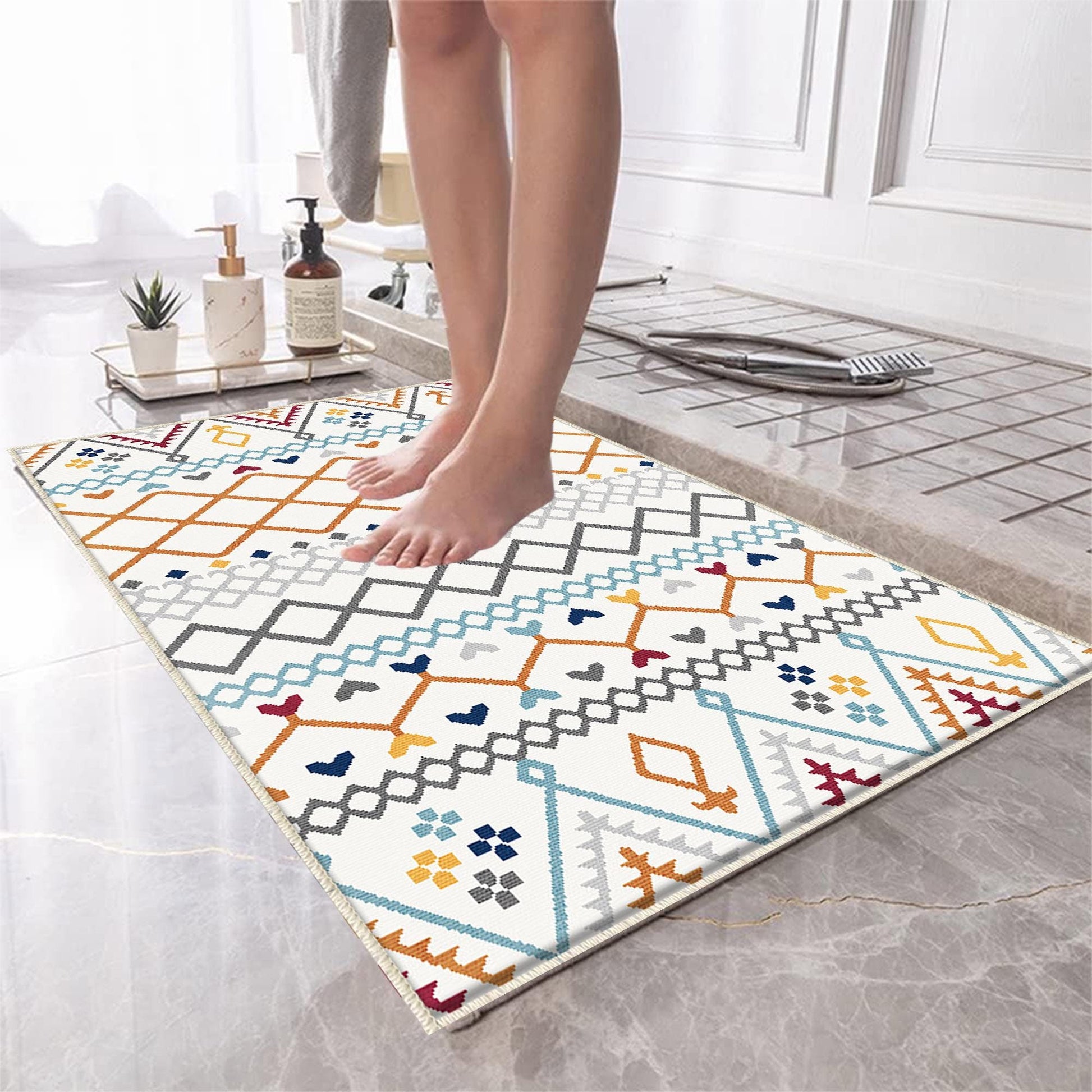 Orange Blue Gray Aztec Boho Bathroom Rug - Geometric Non Slip Bath Mat, Quick Dry Washable Toilet Mat, Soft Modern Floral Bathroom Decor