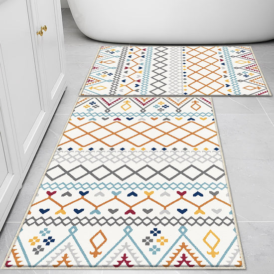 Orange Blue Gray Aztec Boho Bathroom Rug - Geometric Non Slip Bath Mat, Quick Dry Washable Toilet Mat, Soft Modern Floral Bathroom Decor