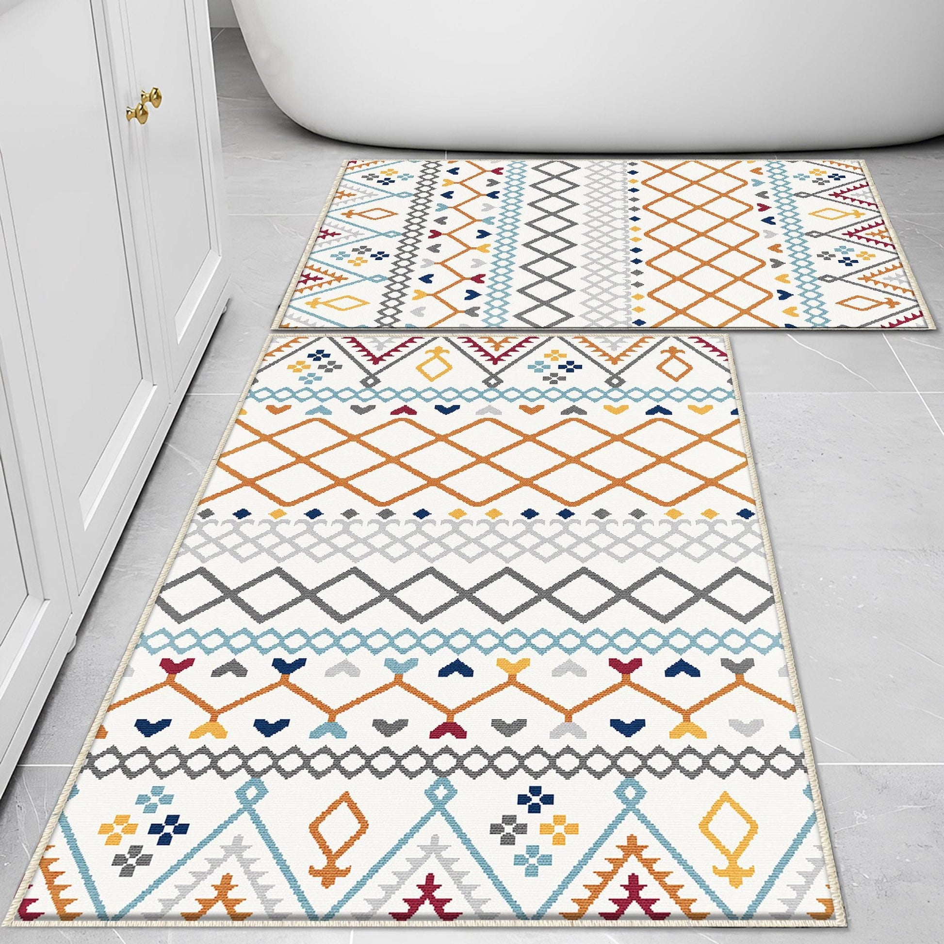 Orange Blue Gray Aztec Boho Bathroom Rug - Geometric Non Slip Bath Mat, Quick Dry Washable Toilet Mat, Soft Modern Floral Bathroom Decor