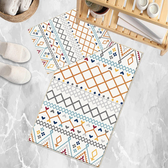 Orange Blue Gray Aztec Boho Bathroom Rug - Geometric Non Slip Bath Mat, Quick Dry Washable Toilet Mat, Soft Modern Floral Bathroom Decor