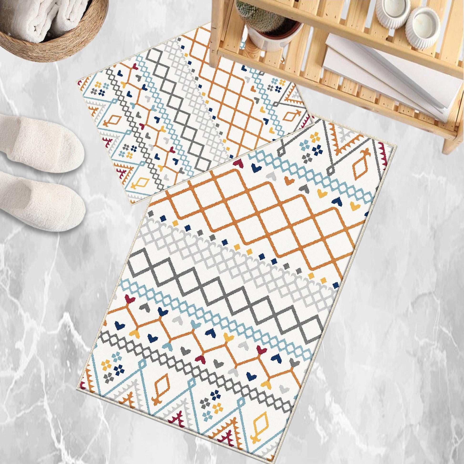 Orange Blue Gray Aztec Boho Bathroom Rug - Geometric Non Slip Bath Mat, Quick Dry Washable Toilet Mat, Soft Modern Floral Bathroom Decor