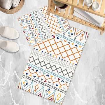 Orange Blue Gray Aztec Boho Bathroom Rug - Geometric Non Slip Bath Mat, Quick Dry Washable Toilet Mat, Soft Modern Floral Bathroom Decor