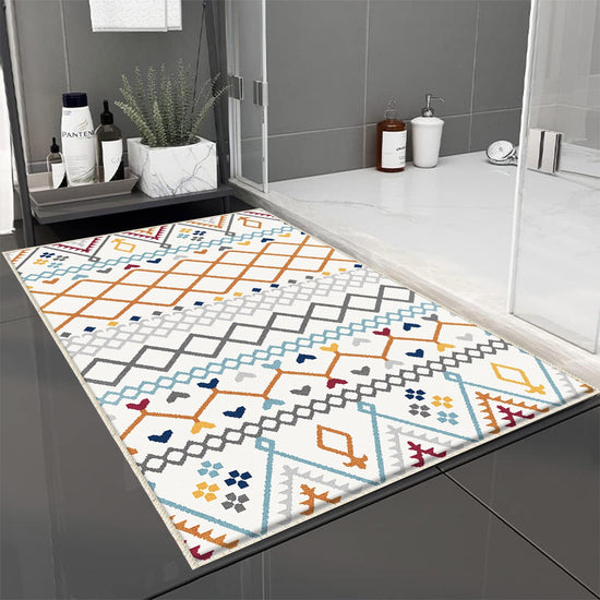 Orange Blue Gray Aztec Boho Bathroom Rug - Geometric Non Slip Bath Mat, Quick Dry Washable Toilet Mat, Soft Modern Floral Bathroom Decor