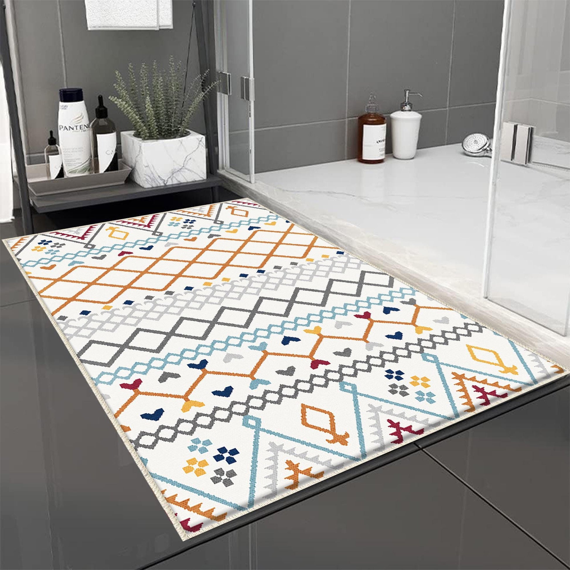 Orange Blue Gray Aztec Boho Bathroom Rug - Geometric Non Slip Bath Mat, Quick Dry Washable Toilet Mat, Soft Modern Floral Bathroom Decor