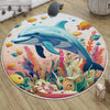 Round Colorful Under Sea Dolphin Fish Nursery Room Rug, Cute Pink Rug Gift For Kids, Baby Room Gift, Kids Room Decor with pillow case gift