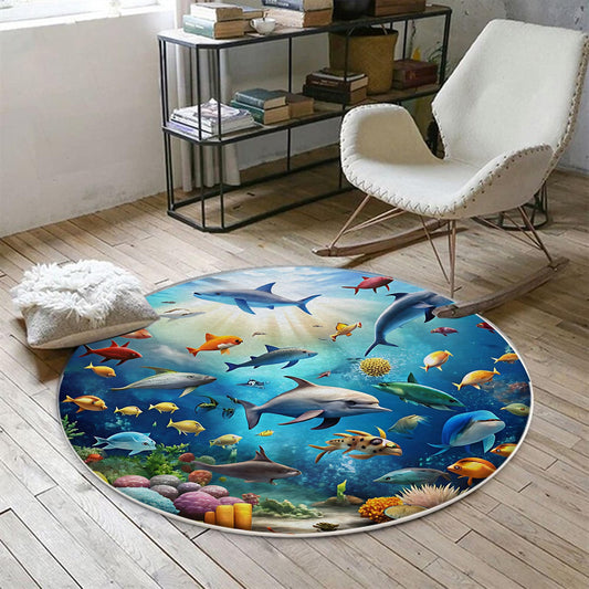 Round Under Sea Fishes Aquarium Nursery Room Rug, Cute Rug Gift For Kids, Baby Room Gift, Kids Room Decor with pillow case gift