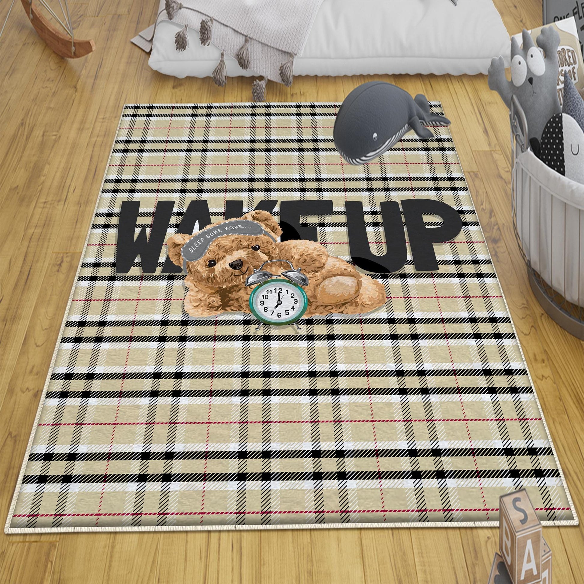 Wake up Cute Sleepy Bear Nursery Room Rug, Cute Rug Gift For Kids, Baby Room Gift, Kids Room Decor with pillow case gift