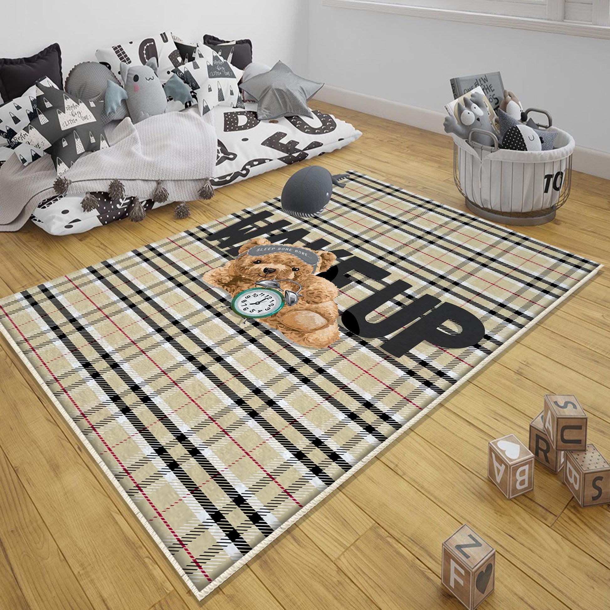 Round Wake up Cute Sleepy Bear Nursery Room Rug, Cute Rug Gift For Kids, Baby Room Gift, Kids Room Decor with pillow case gift