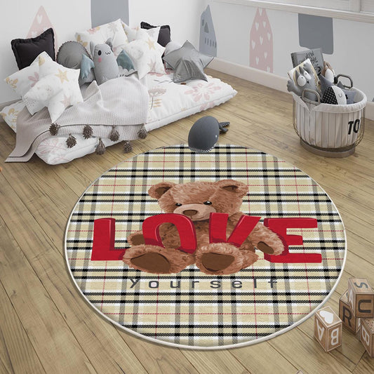 Round Cute Bear Nursery Room Rug, Cute Rug Gift For Kids, Baby Room Gift, Kids Room Decor with pillow case gift