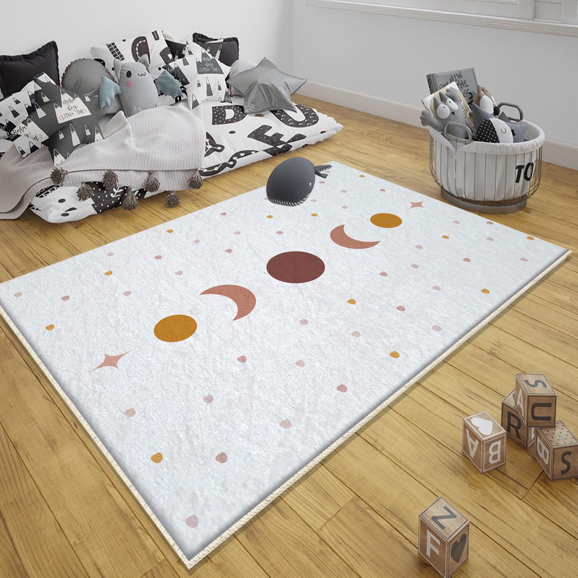 Round Mystic Moon Stars Boho Kids Nursery Room Rug, Cute Rug Gift For Kids, Baby Room Gift, Kids Room Decor with pillow case gift
