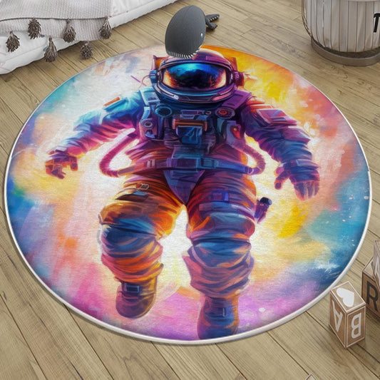 Round Colorful Space Themed Astronaut Kids Nursery Room Rug, Cute Rug Gift For Kids, Baby Room Gift, Kids Room Decor with pillow case gift