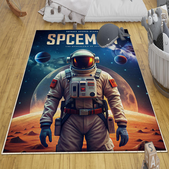 Round Space Man Themed Astronaut Kids Nursery Room Rug, Cute Rug Gift For Kids, Baby Room Gift, Kids Room Decor with pillow case gift