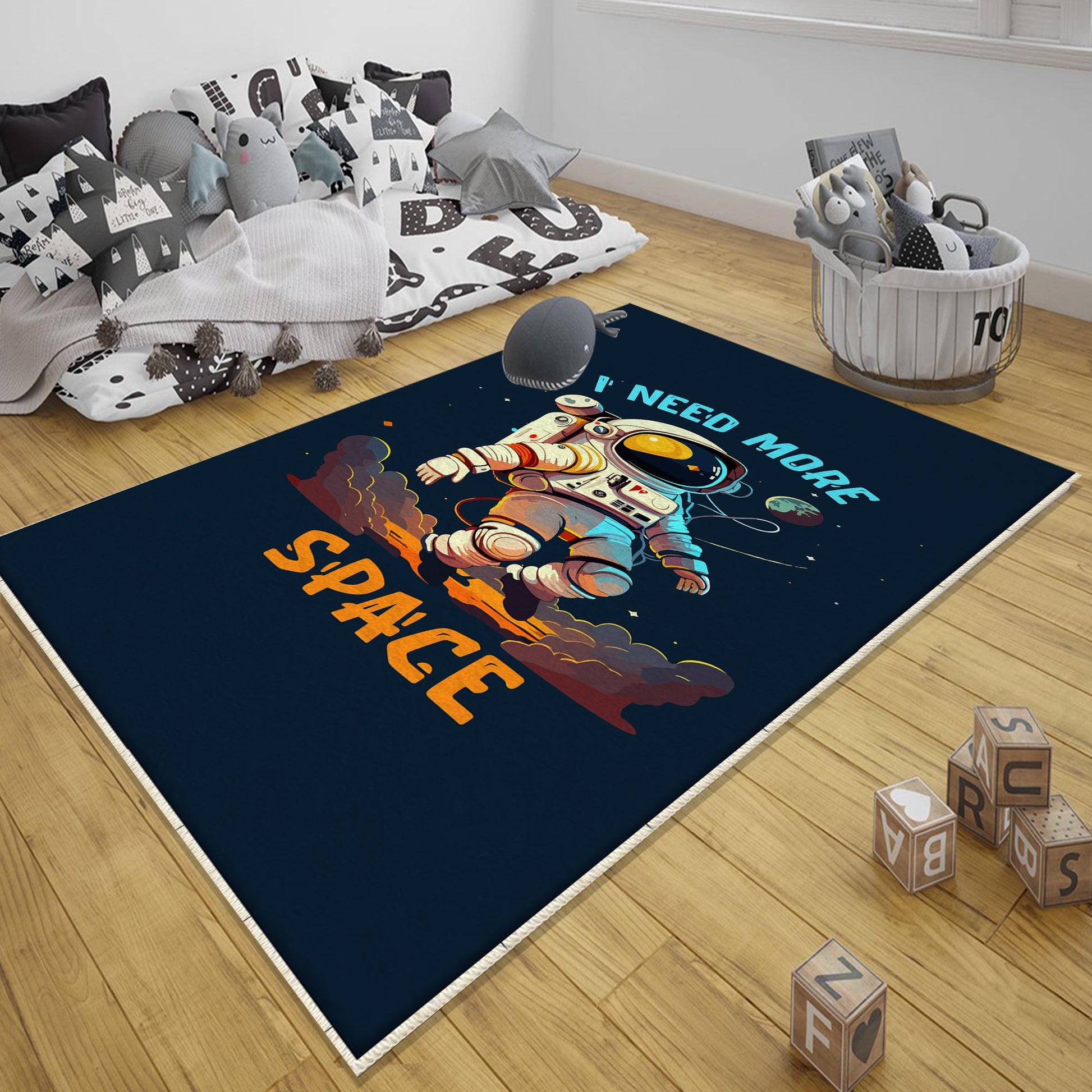 Round Dark Blue Space Themed Astronaut Kids Nursery Room Rug, Cute Rug Gift For Kids, Baby Room Gift, Kids Room Decor with pillow case gift